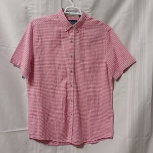 Visitor Button Down Shirt Mens L Pink Striped Short Sleeve Linen Cotton Blend
